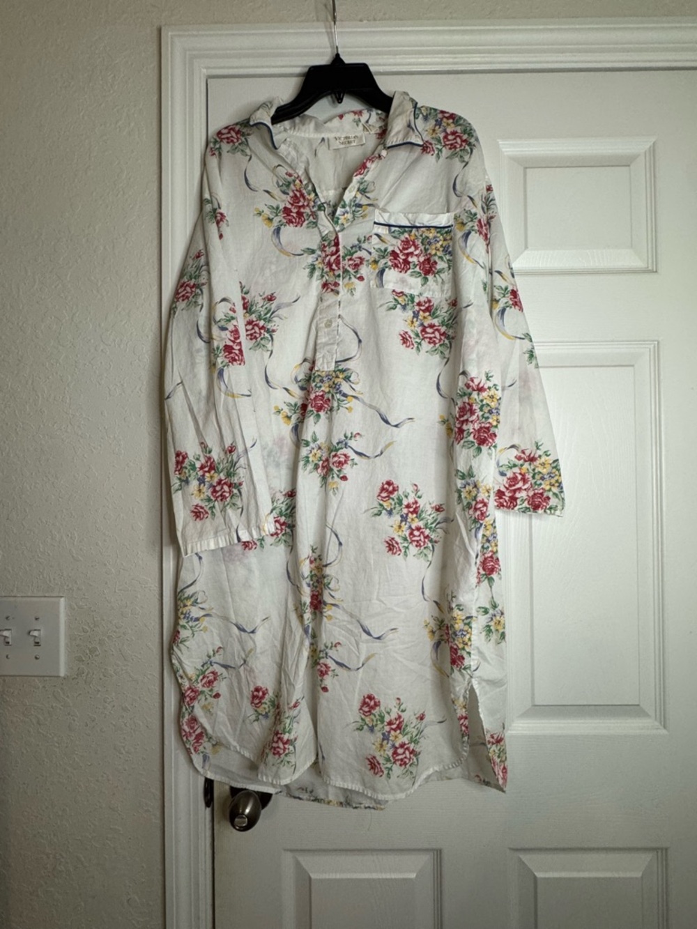 Victoria's Secret White Floral Cotton Nightshirt with Pink & Green Bouquet Print